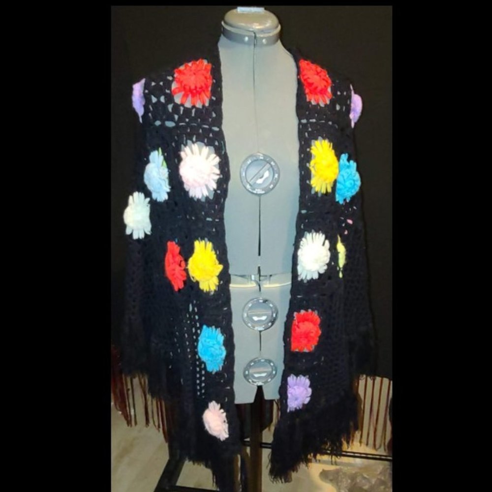 Black Vintage Crochet Shawl With Colored Flowers